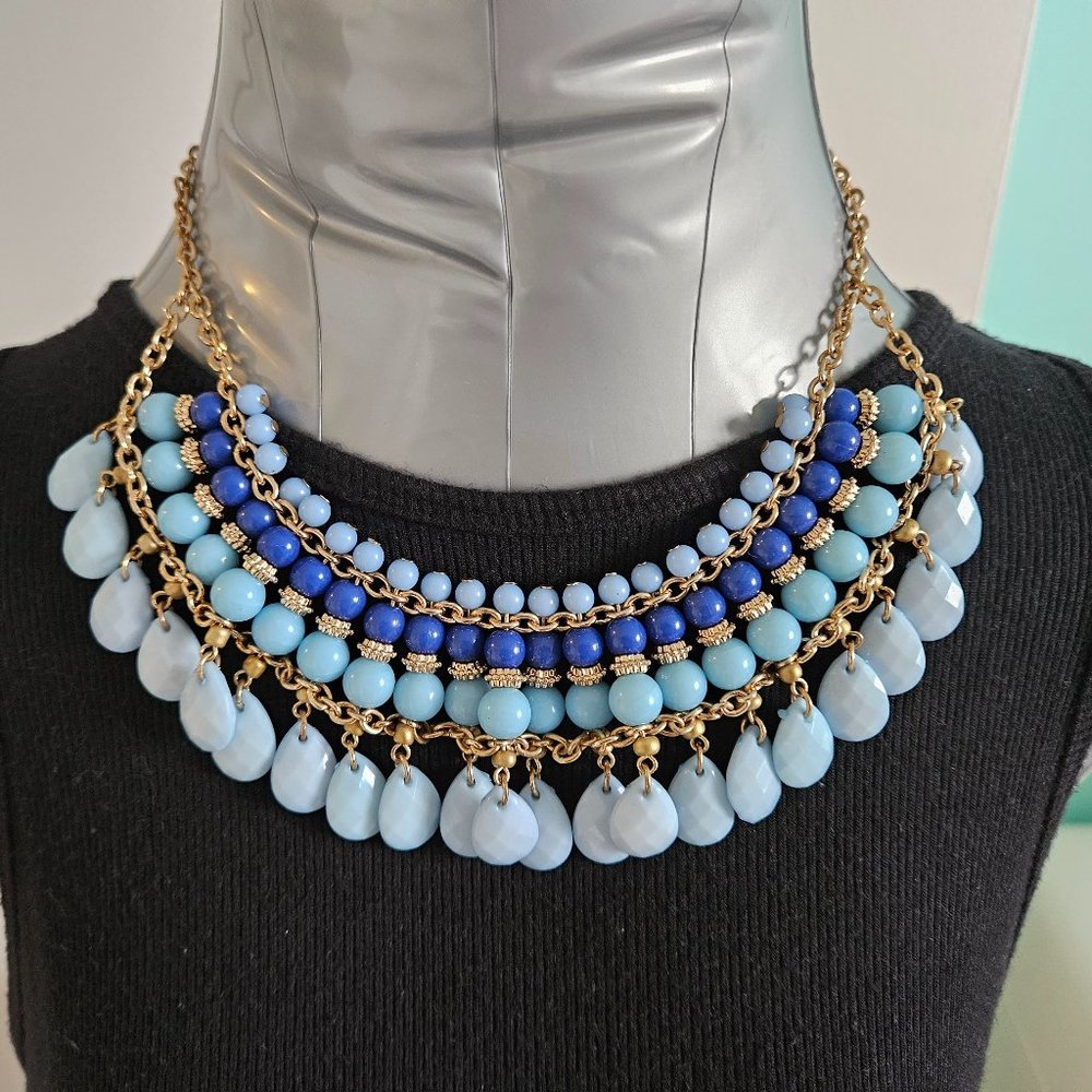 Gold tone Bib collar beaded statement necklace waterfall aqua blue turquoise